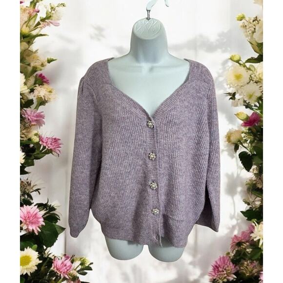Skies Are Blue Lilac Jewelry Button Puff Sleeve Cardigan Sweater Size Large Soft - Picture 2 of 10